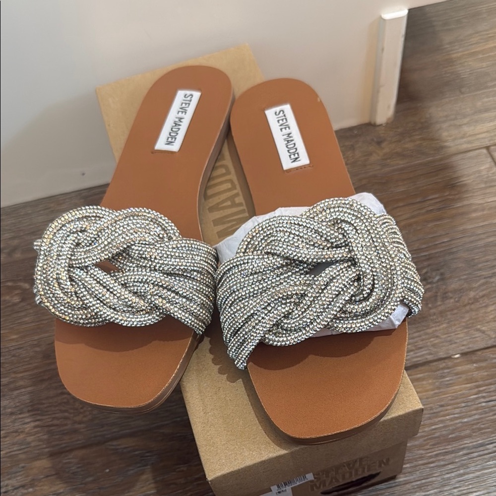 Steve Madden Adore Silver Braided Crystal Slide Sandals - Tan Footbed